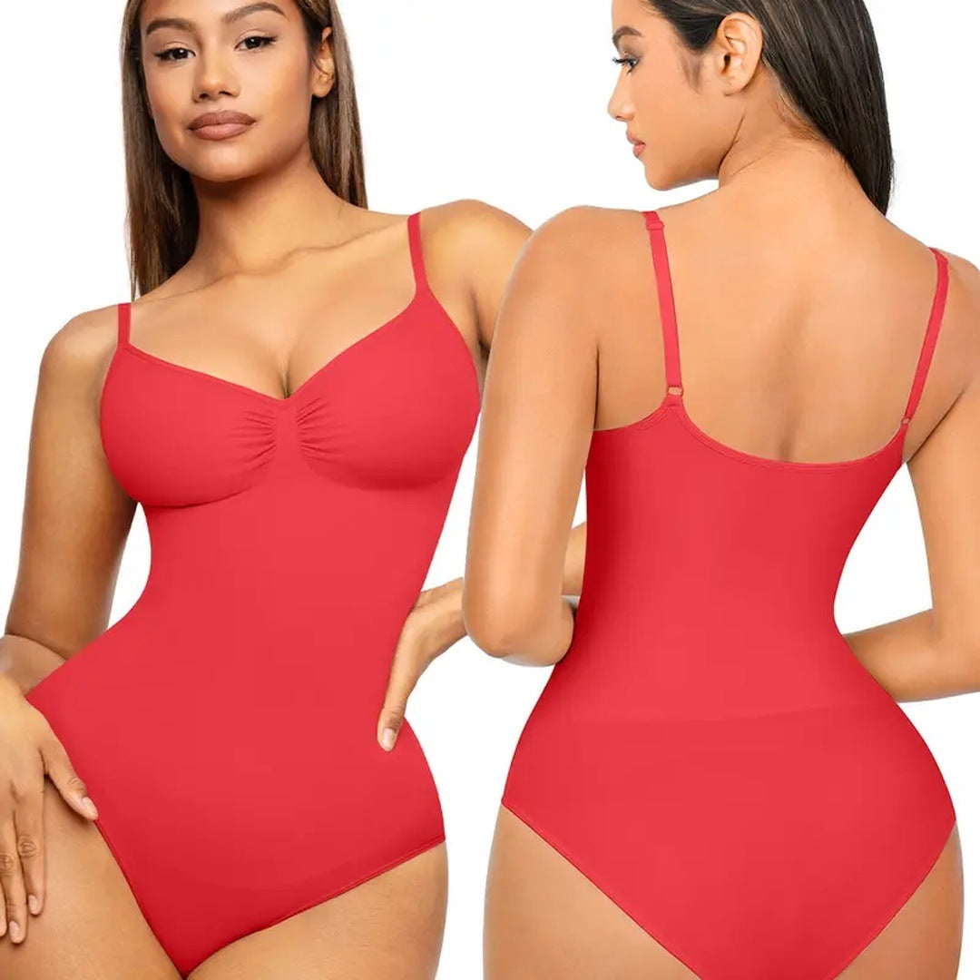 The product's own listing photo: a woman in the red panty bodysuit, front and back views.