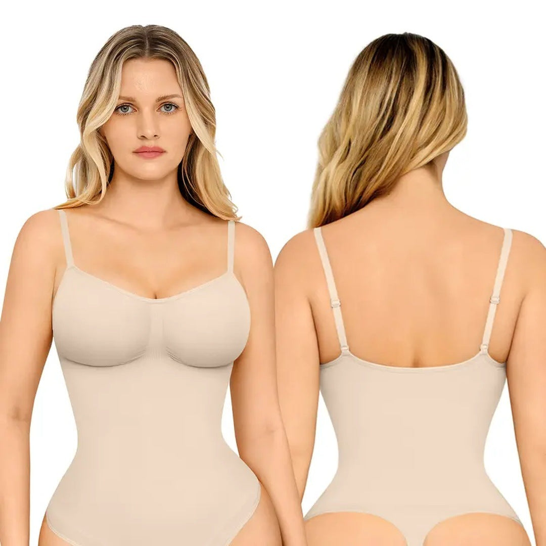 The product's own listing photo: a woman in the light skin thong bodysuit, front and back views.