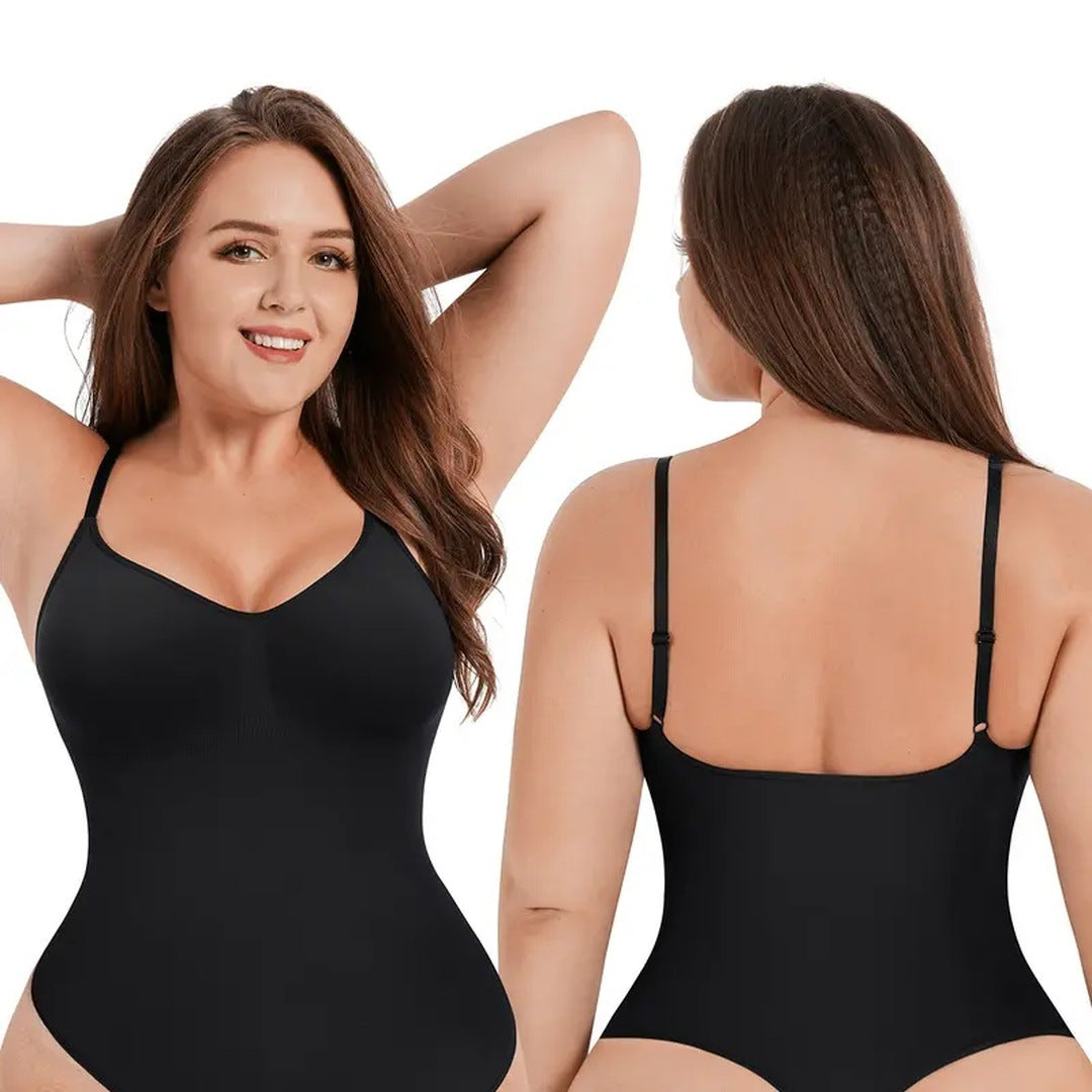 The product's own listing photo: a woman in the black thong bodysuit, front and back views.