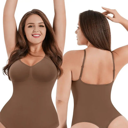 The product's own listing photo: a woman in the coffee thong bodysuit, front and back views.