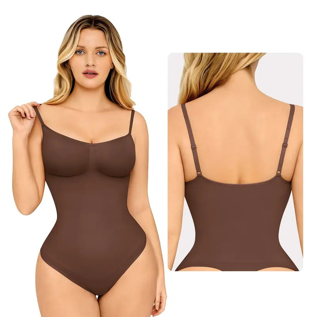 The product's own listing photo: a woman in the dark brown thong bodysuit, front and back views.