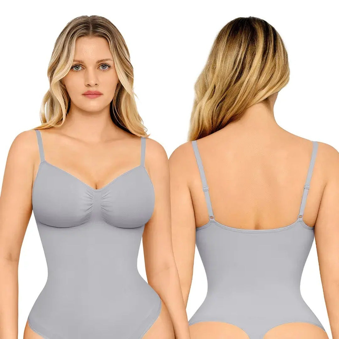 The product's own listing photo: a woman in the grey thong bodysuit, front and back views.