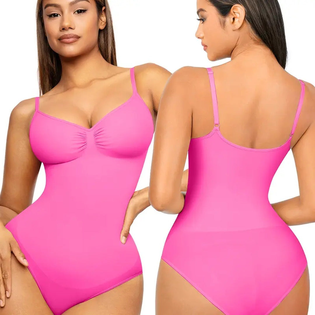The product's own listing photo: a woman in the bright pink panty bodysuit, front and back views.