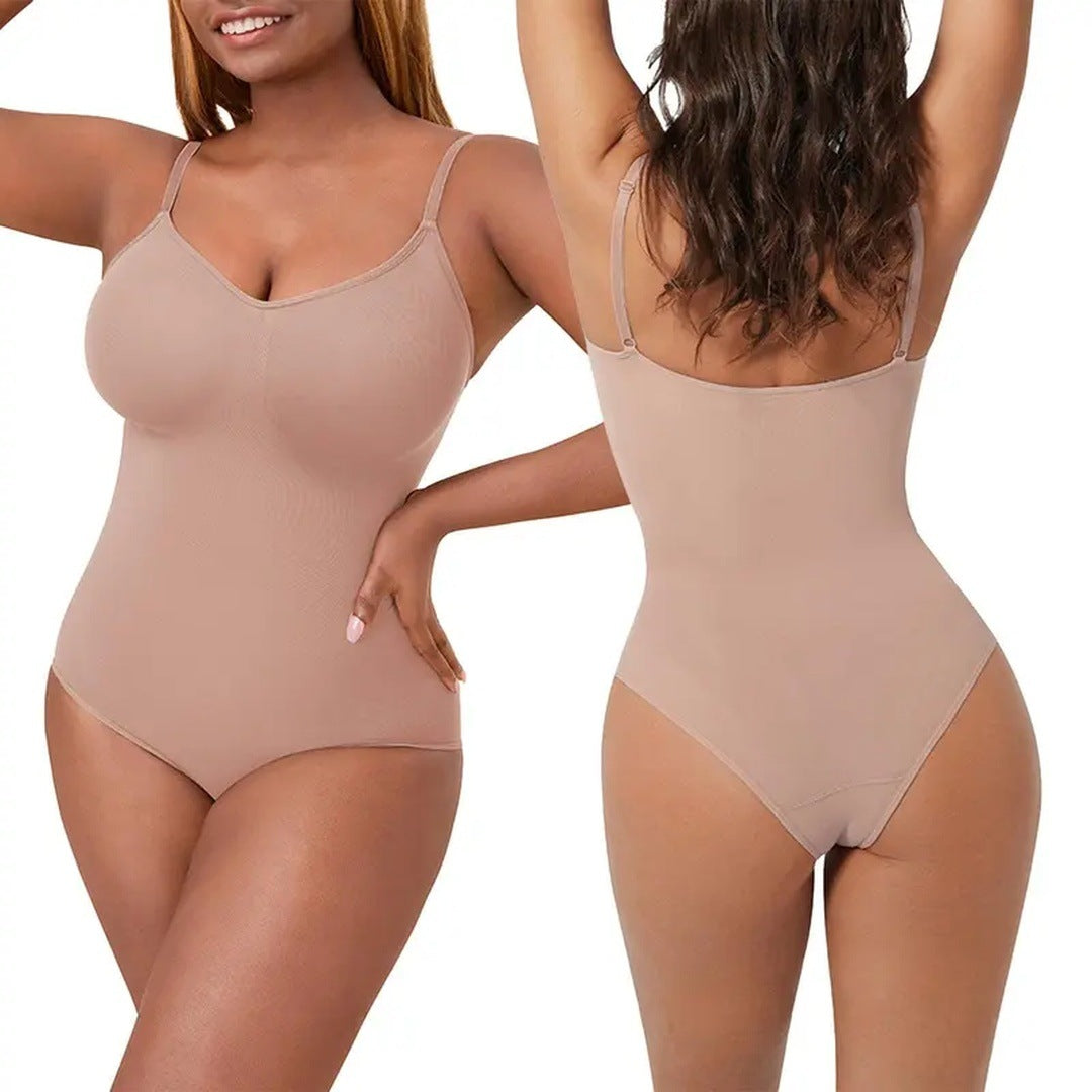The product's own listing photo: a woman in the skin panty bodysuit, front and back views.