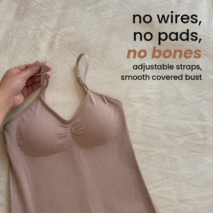no wires, no pads, no bones: adjustable straps, smooth covered bust