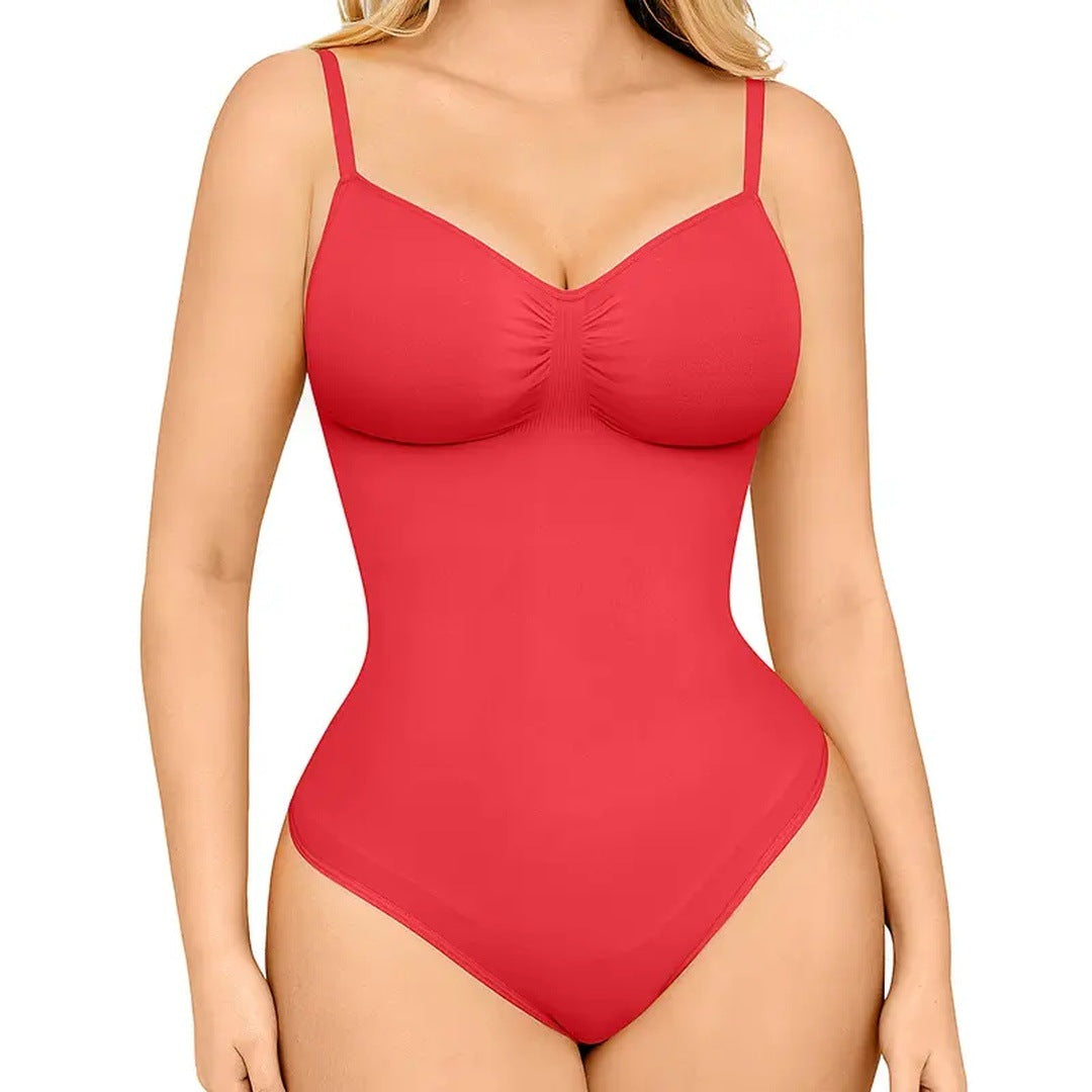 The product's own listing photo: the red thong bodysuit on the body, cropped torso, white background.