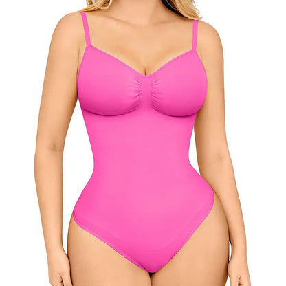 The product's own listing photo: the bright pink thong bodysuit on the body, cropped torso, white background.
