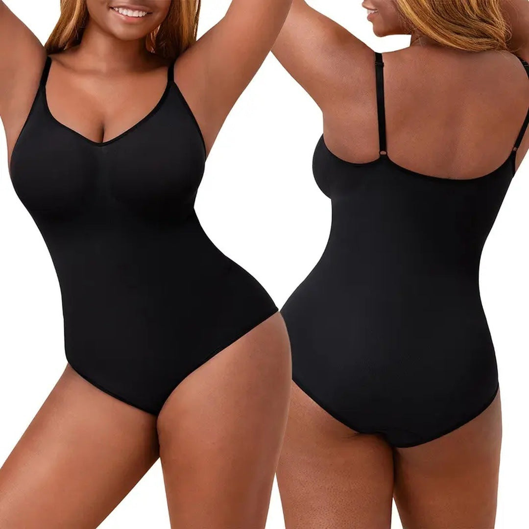 The product's own listing photo: a woman in the black panty bodysuit, front and back views.