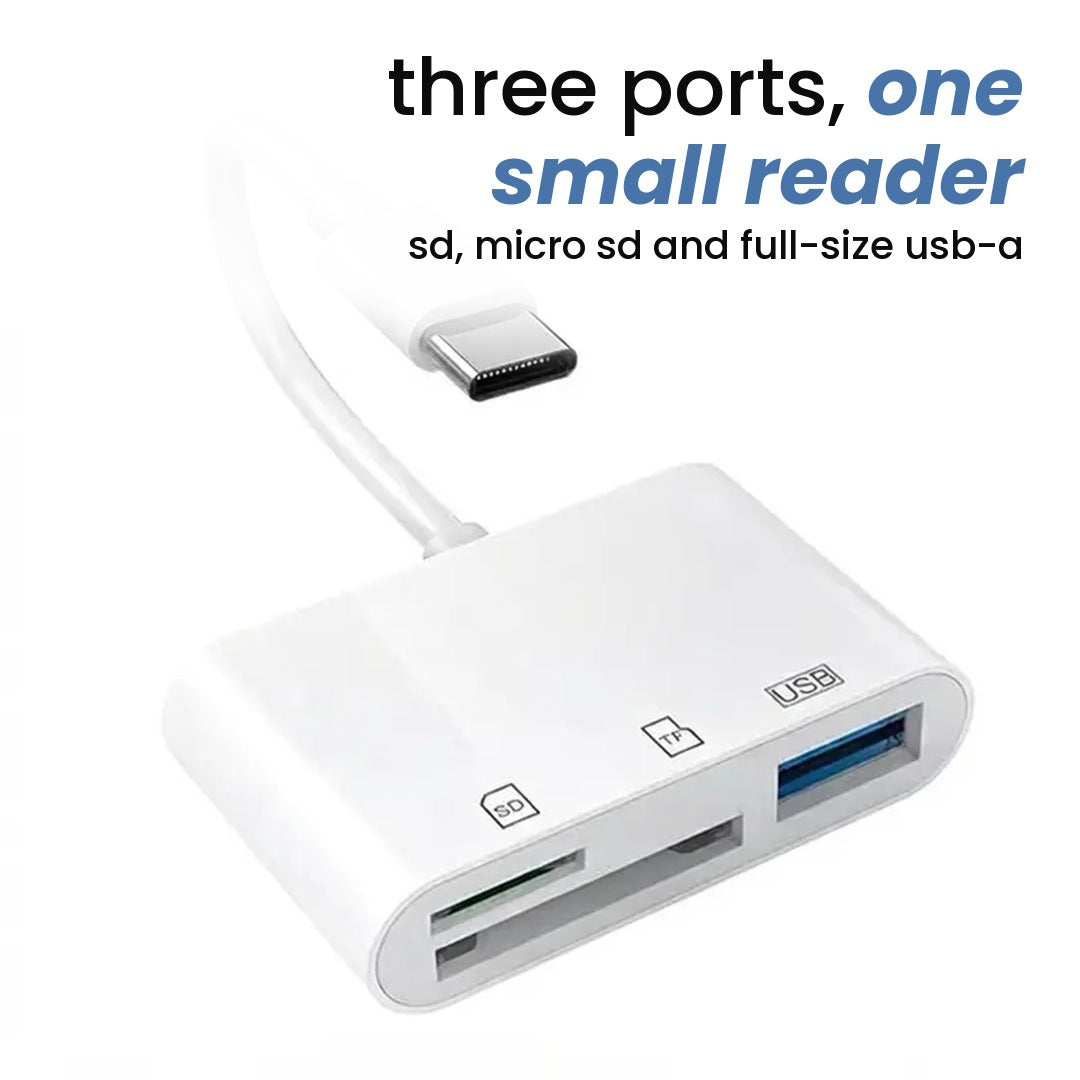 three ports, one small reader: sd, micro sd and full-size usb-a