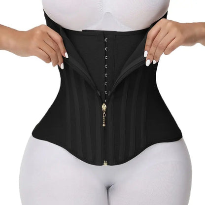The black corset worn on the torso, hands opening the zipper to show the hooks inside.