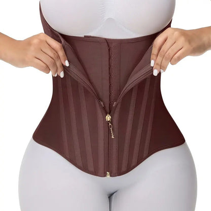 The mocha corset worn on the torso, hands opening the zipper to show the hooks inside.