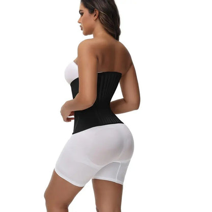 Model from the back and side in the black corset over white bike shorts, showing the wrap around the back.