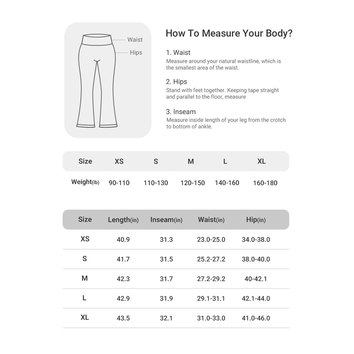 High-Waisted Straight Leg Yoga Leggings size chart