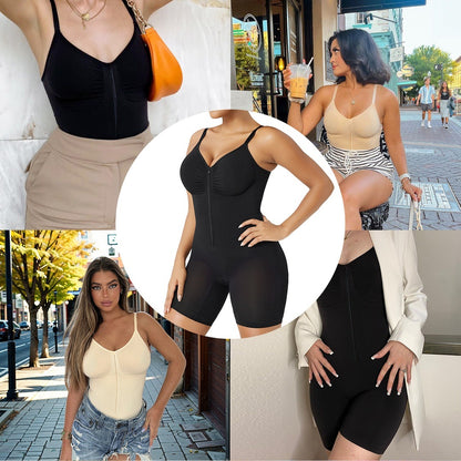 five real women wearing the bodysuit: under khaki trousers with an orange bag, beige as a top with shorts at a cafe, beige with jeans on a city sidewalk, black under a white blazer, and the listing model in black