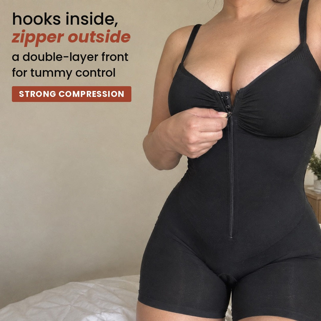 hooks inside, zipper outside: a double-layer front for tummy control
