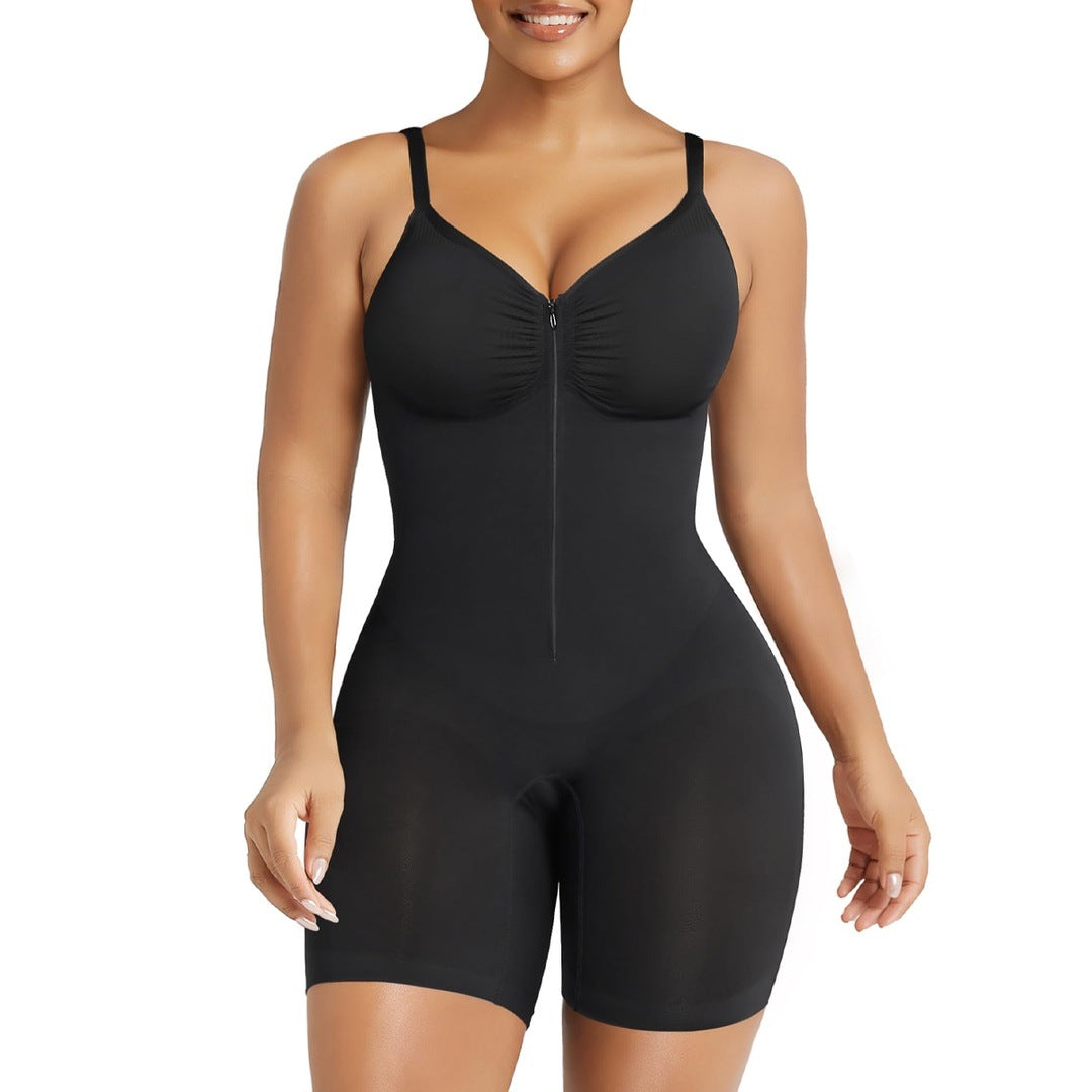 the listing model wearing the Black bodysuit, front view, zipper and straps in sight