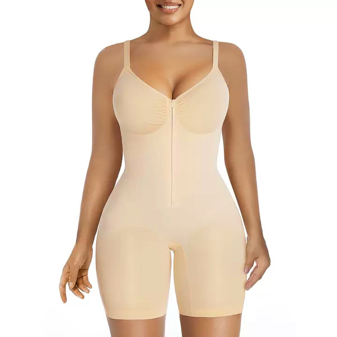 the listing model wearing the Beige bodysuit, front view, zipper and straps in sight