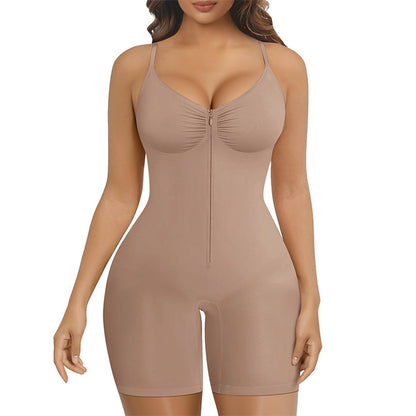 the listing model wearing the Sienna bodysuit, front view, zipper and straps in sight