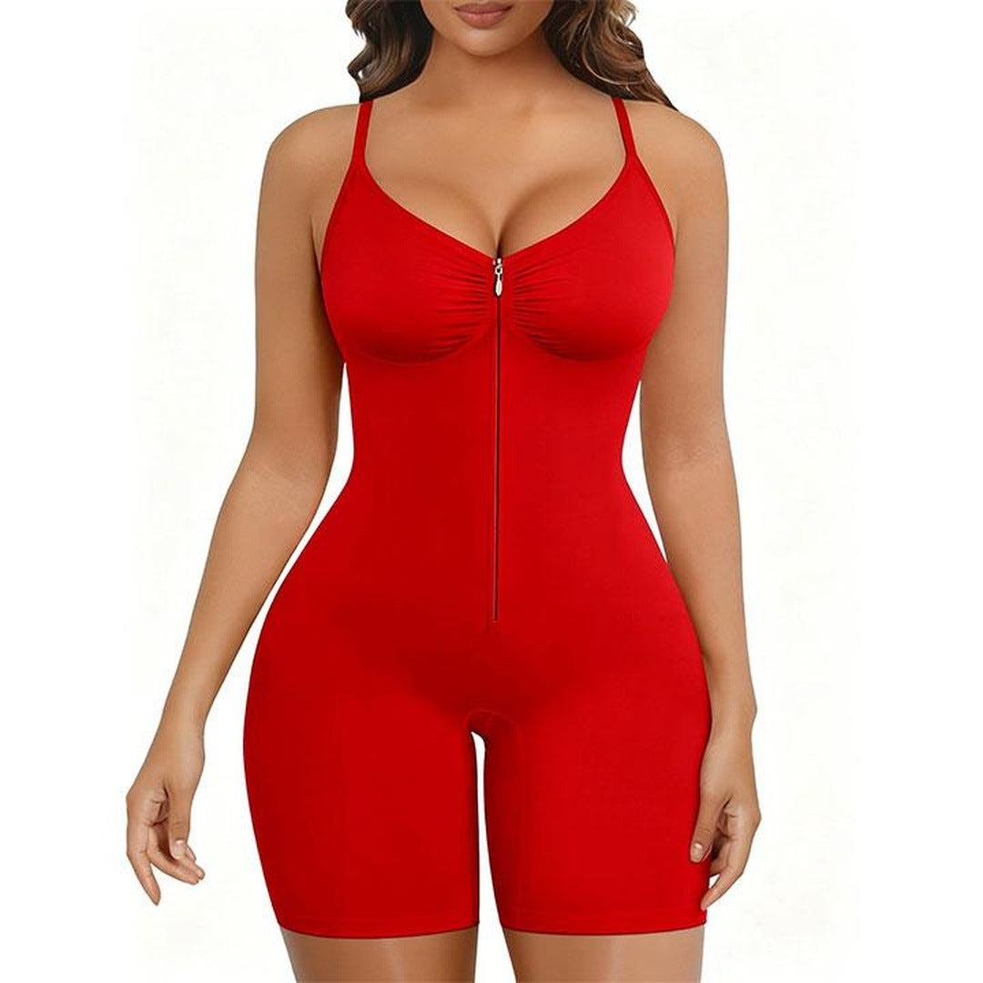 the listing model wearing the Red bodysuit, front view, zipper and straps in sight
