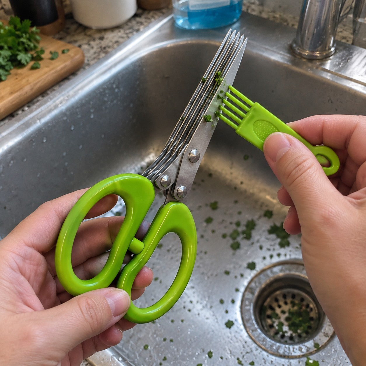 Comb clearing herb bits from blades over a sink