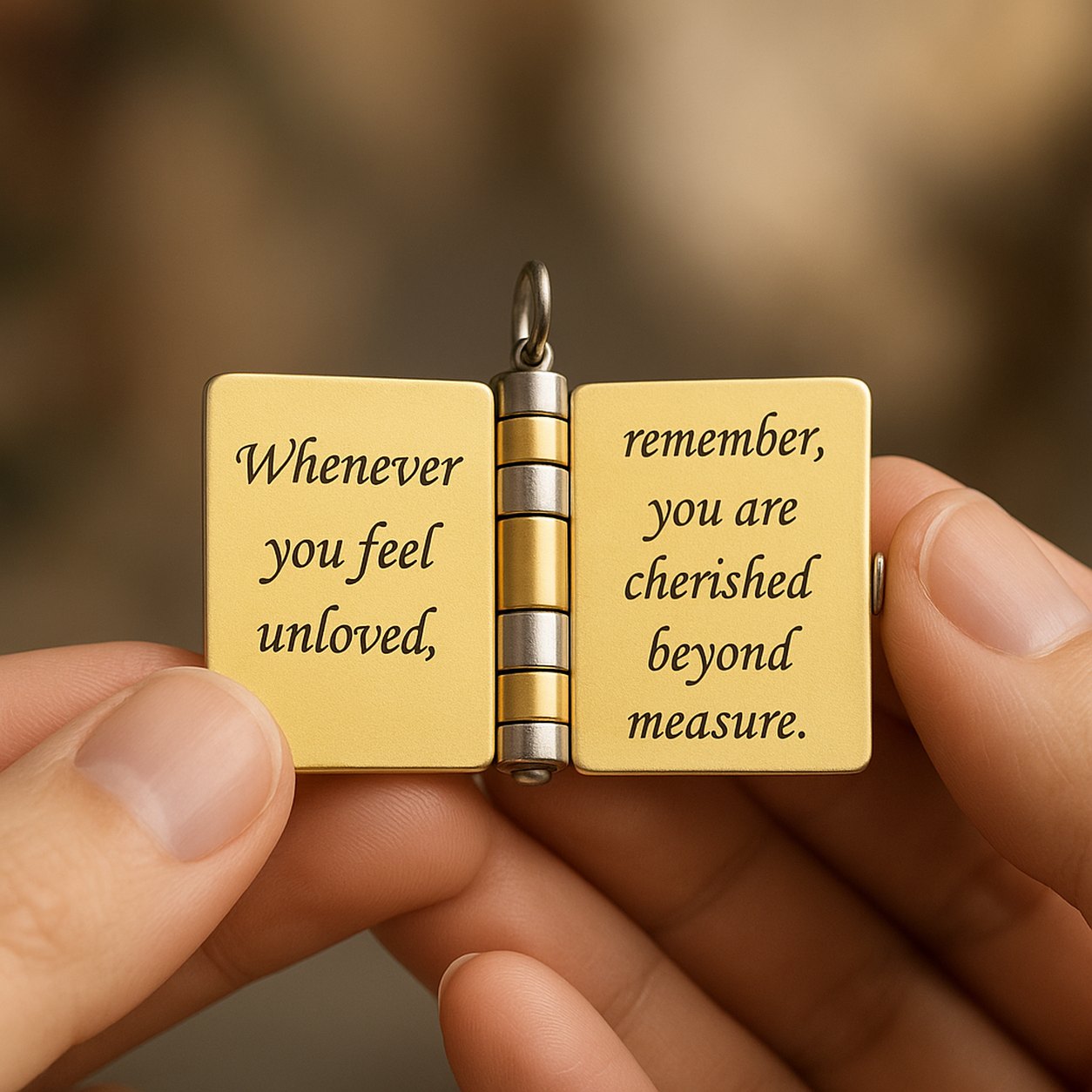 Engraved pages reading Whenever you feel unloved, remember, you are cherished beyond measure