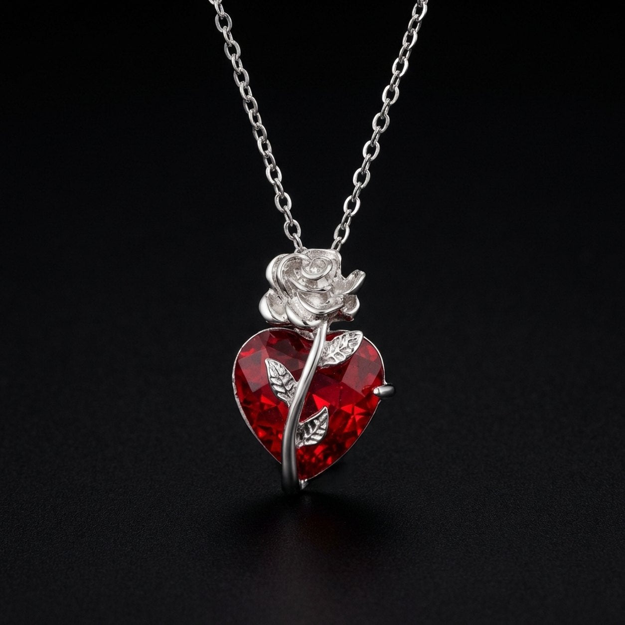 The Pomence Blood Rose Necklace in Silver, the same red heart