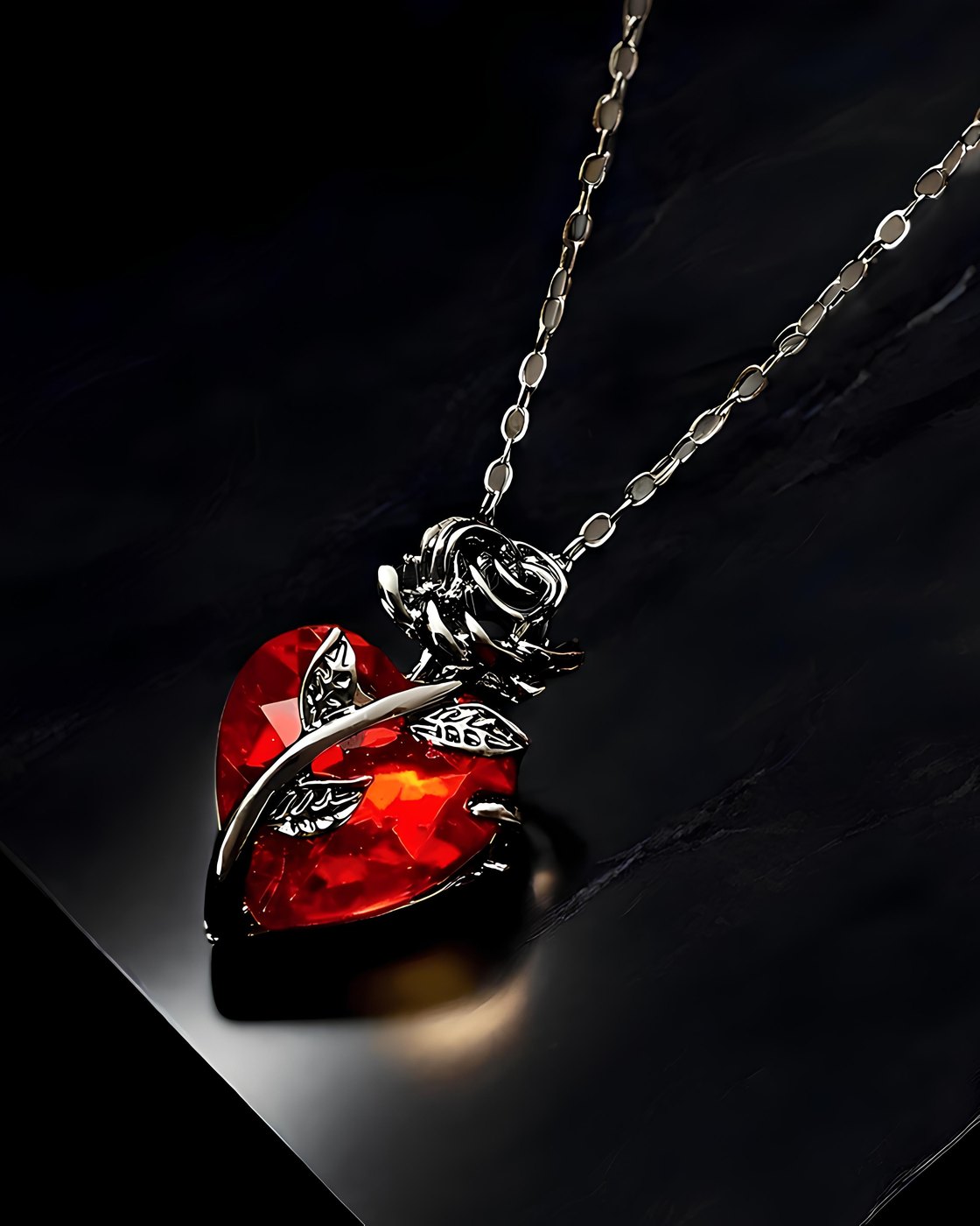 The Pomence Blood Rose Necklace in Black at an angle on dark stone