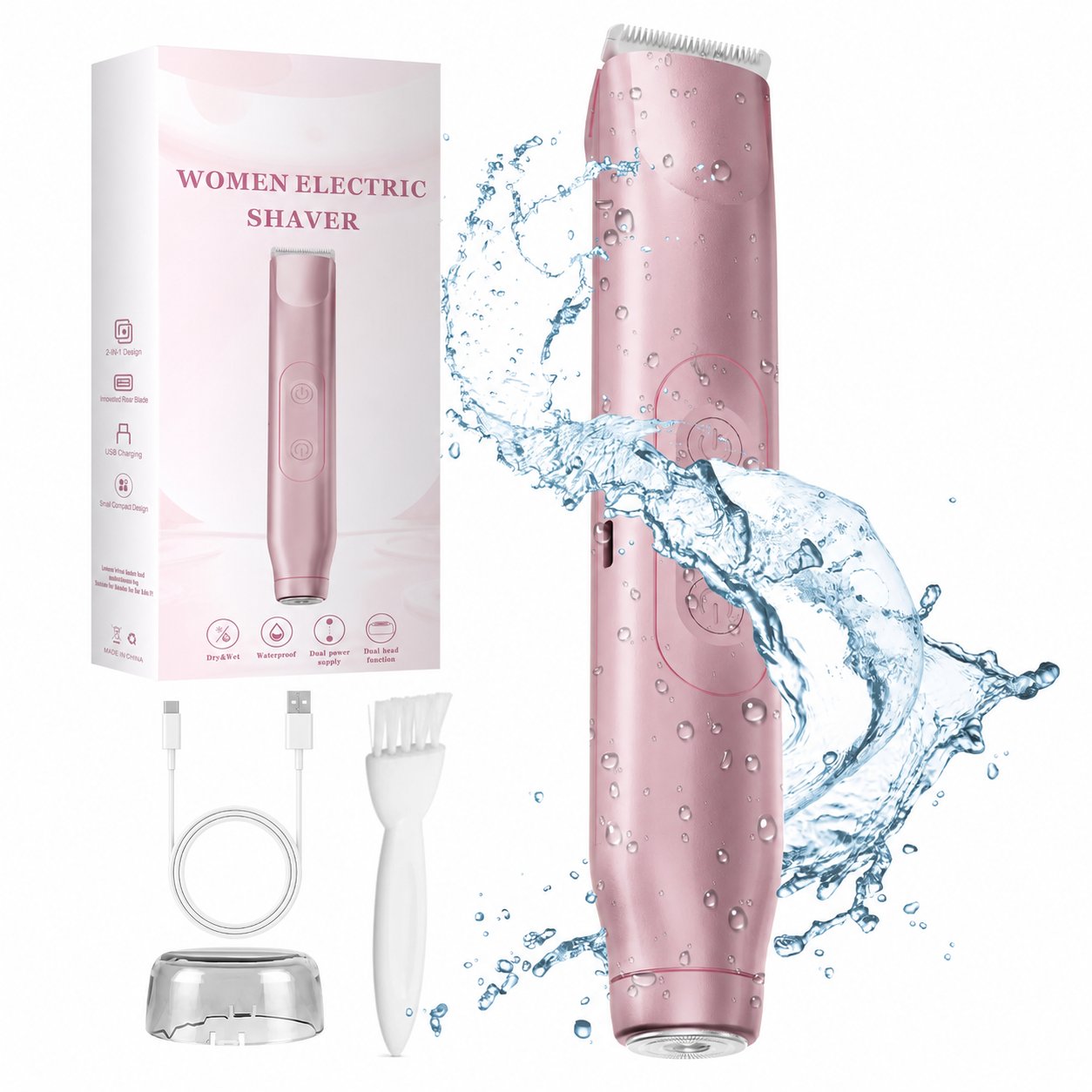 Pomence 2-in-1 Bikini Trimmer with the case, USB-C cable, and both heads laid out