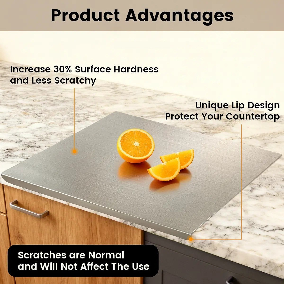 Close view of the lipped edge of the chopping board hooked over a kitchen countertop