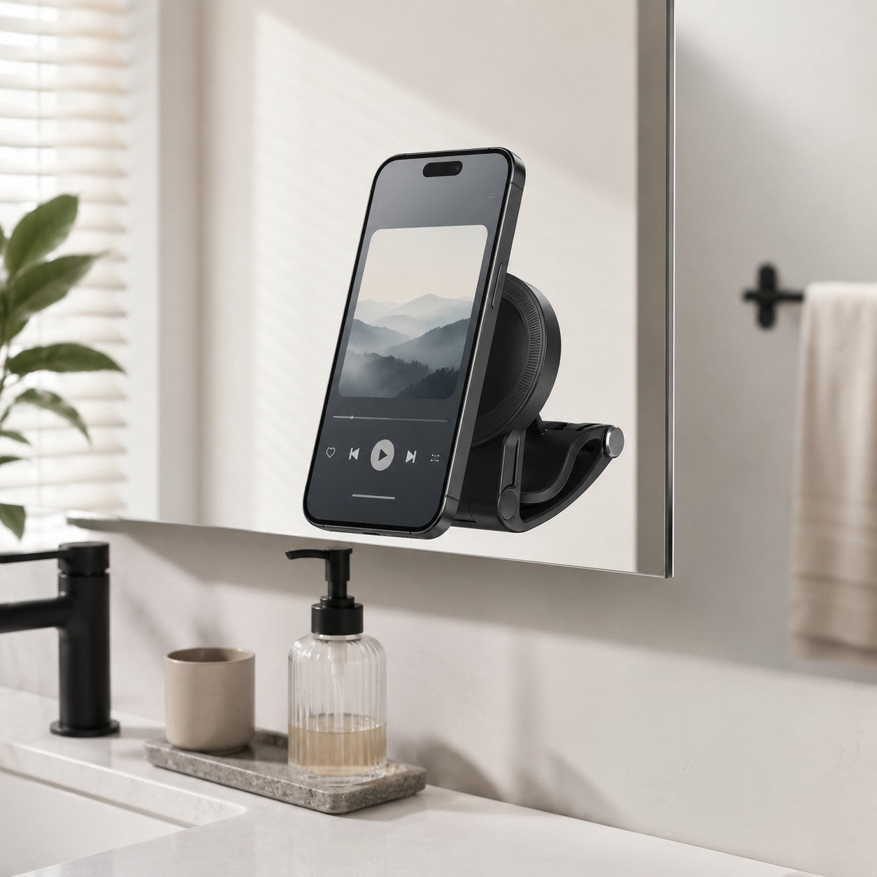 Magnetic Car Phone Mount holding a phone on a mirror away from the car