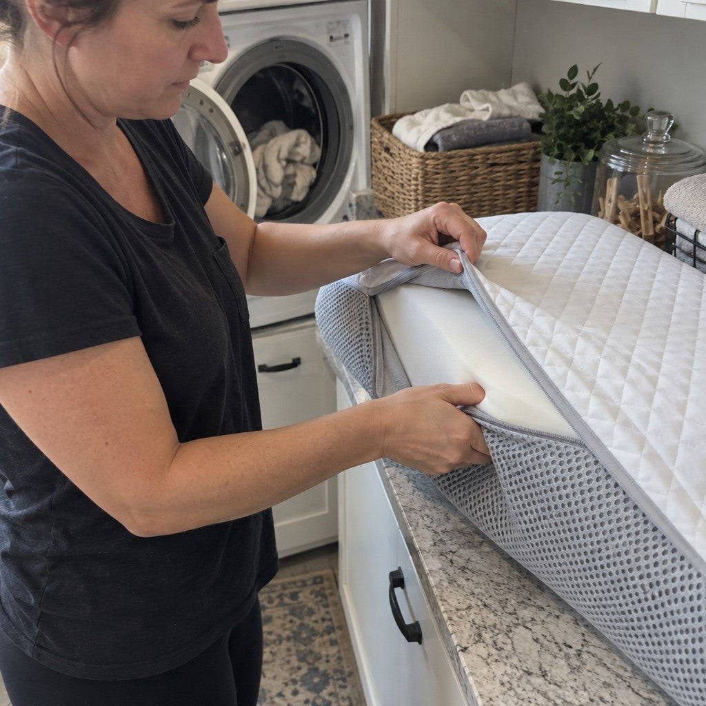 Hands unzipping the quilted cover off the foam core