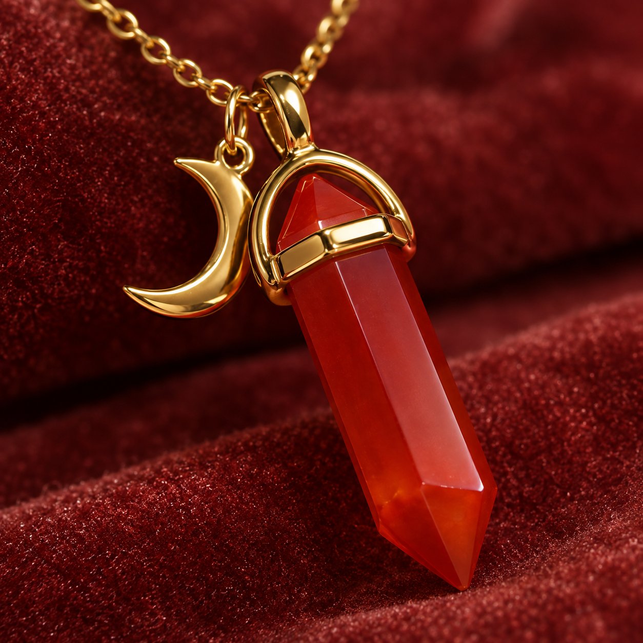 Macro of the hexagonal carnelian point pendant showing the polished translucent stone