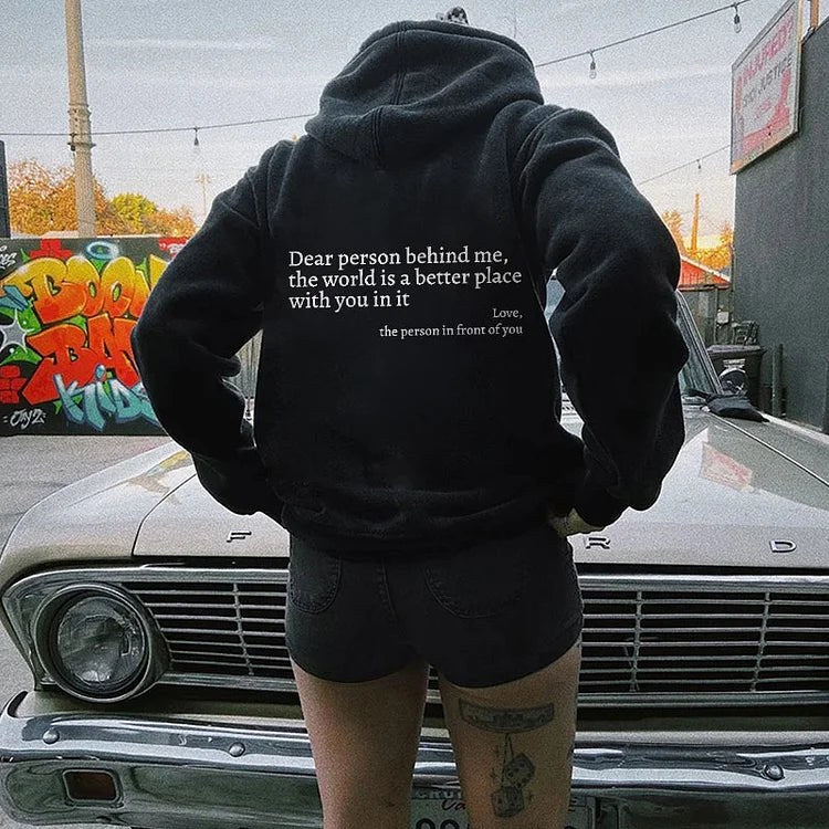 Dear Person Behind Me sweatshirt in black, worn from behind