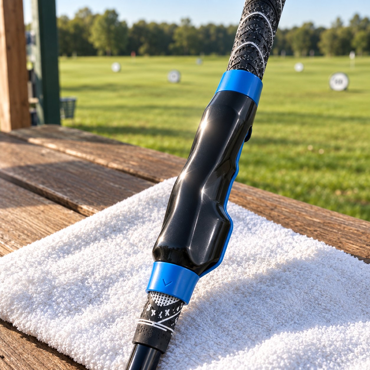 Close view of the molded finger channels and ridges along the black body of the Pomence Golf Grip Trainer