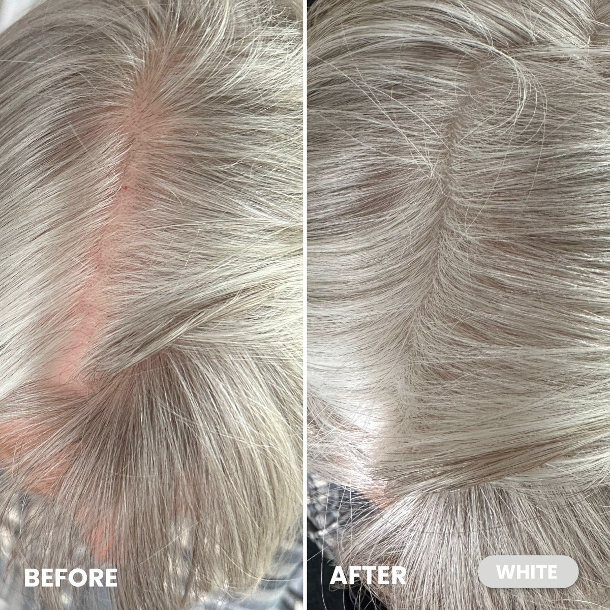 White hair before and after, roots covered