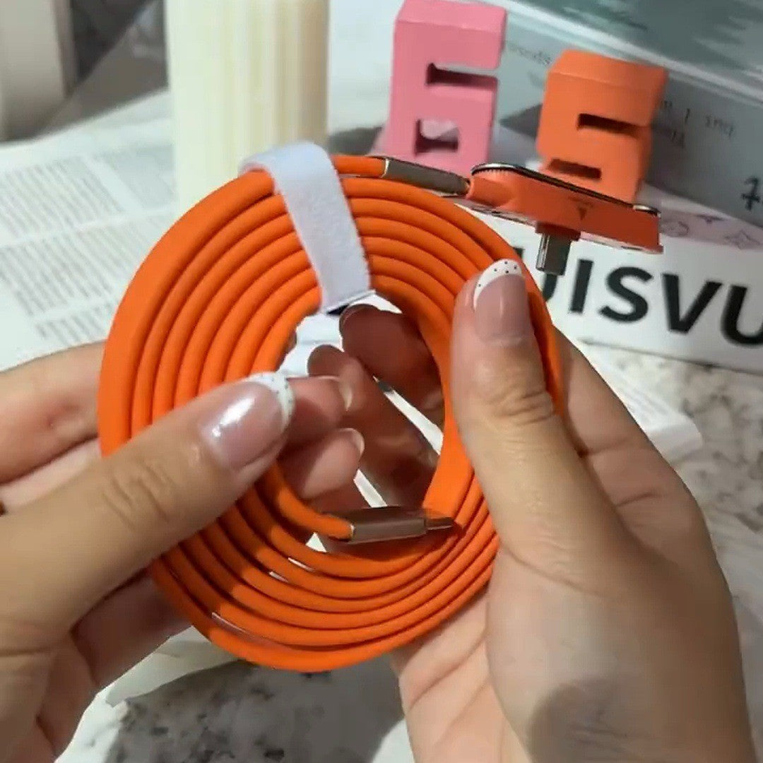 Hand holding the coiled flat orange cable over a desk