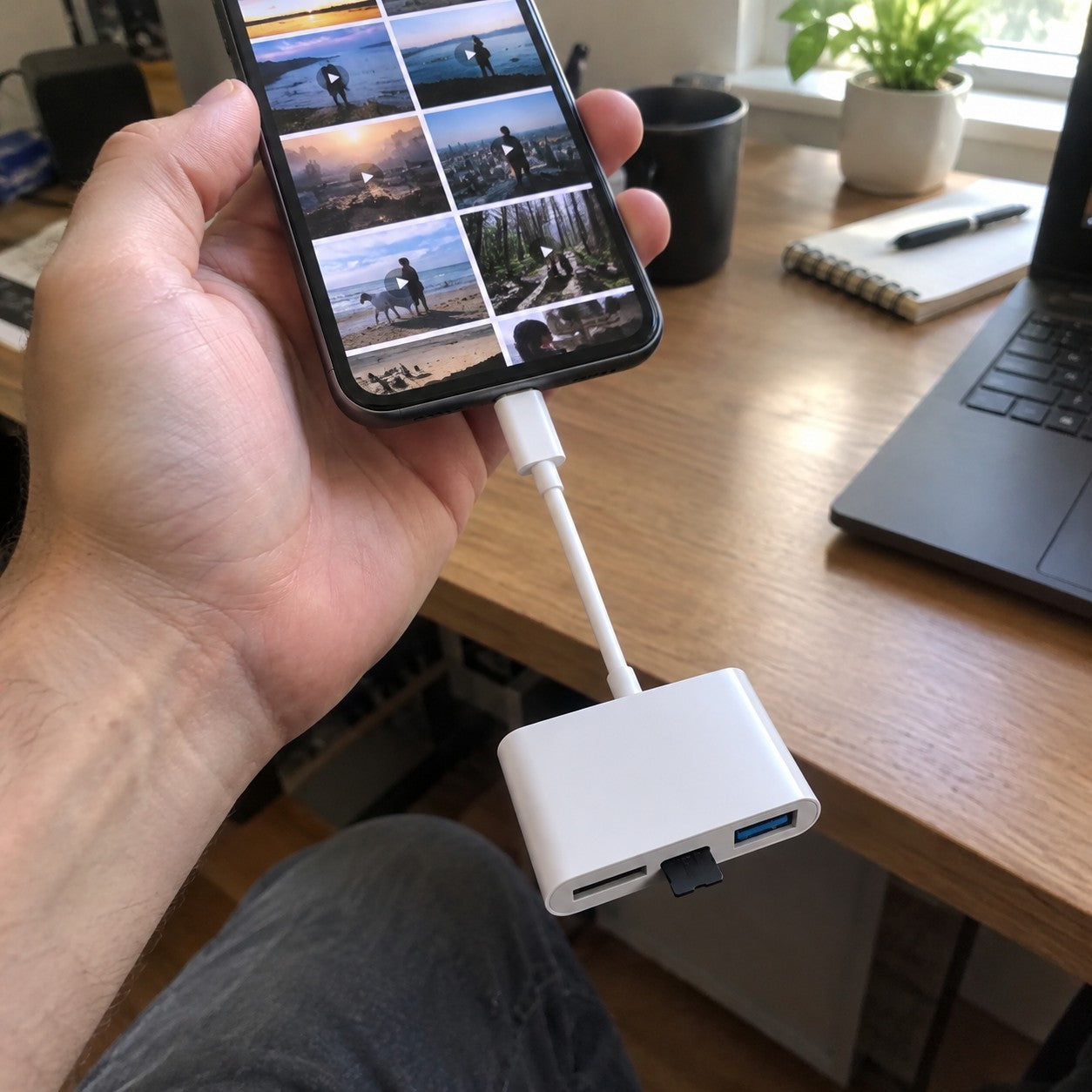 Hands holding phone with reader hanging on its cable