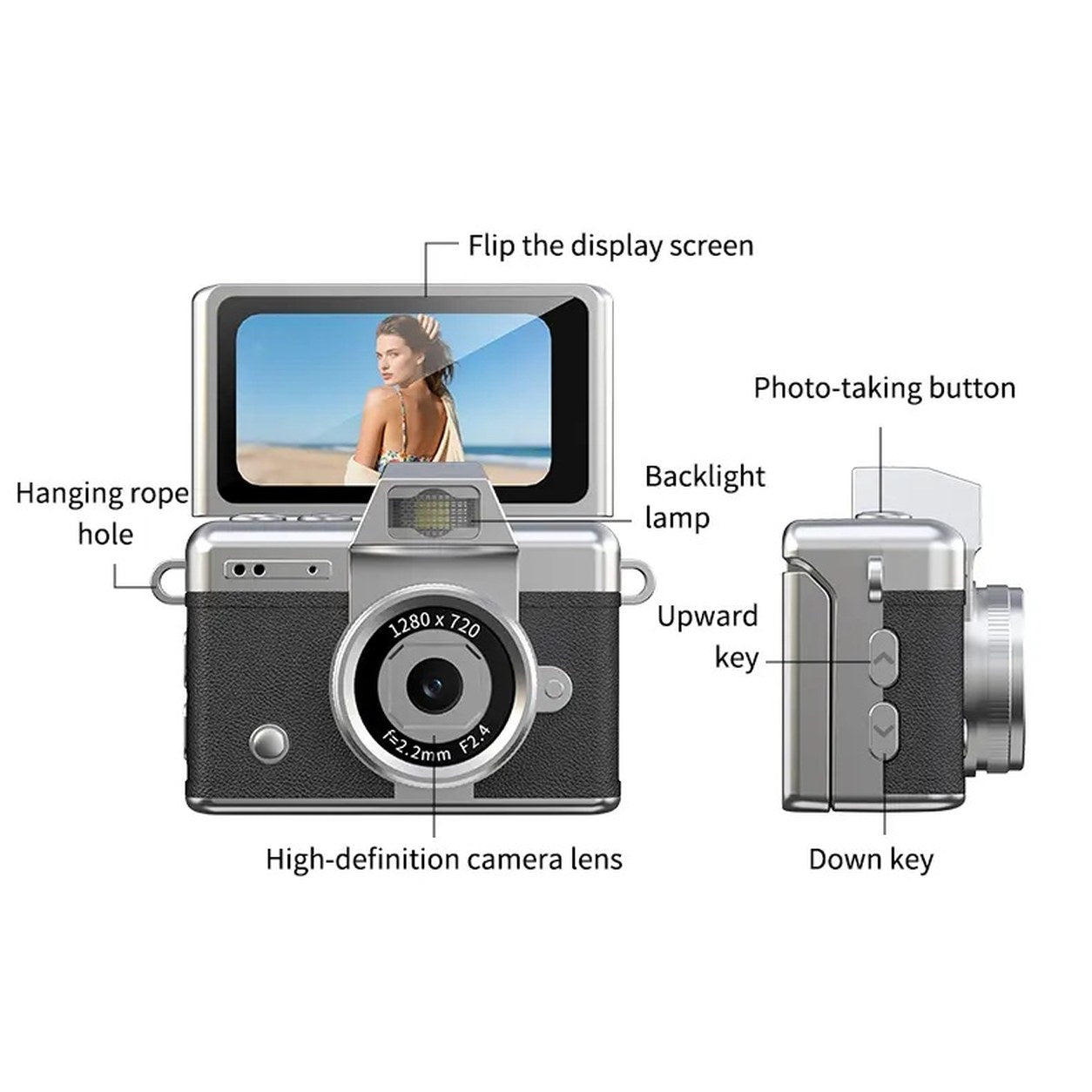 Diagram of the Pomence Mini Keychain Camera showing the flip screen, the light, the photo button, the up and down keys, the clasp hole and the lens