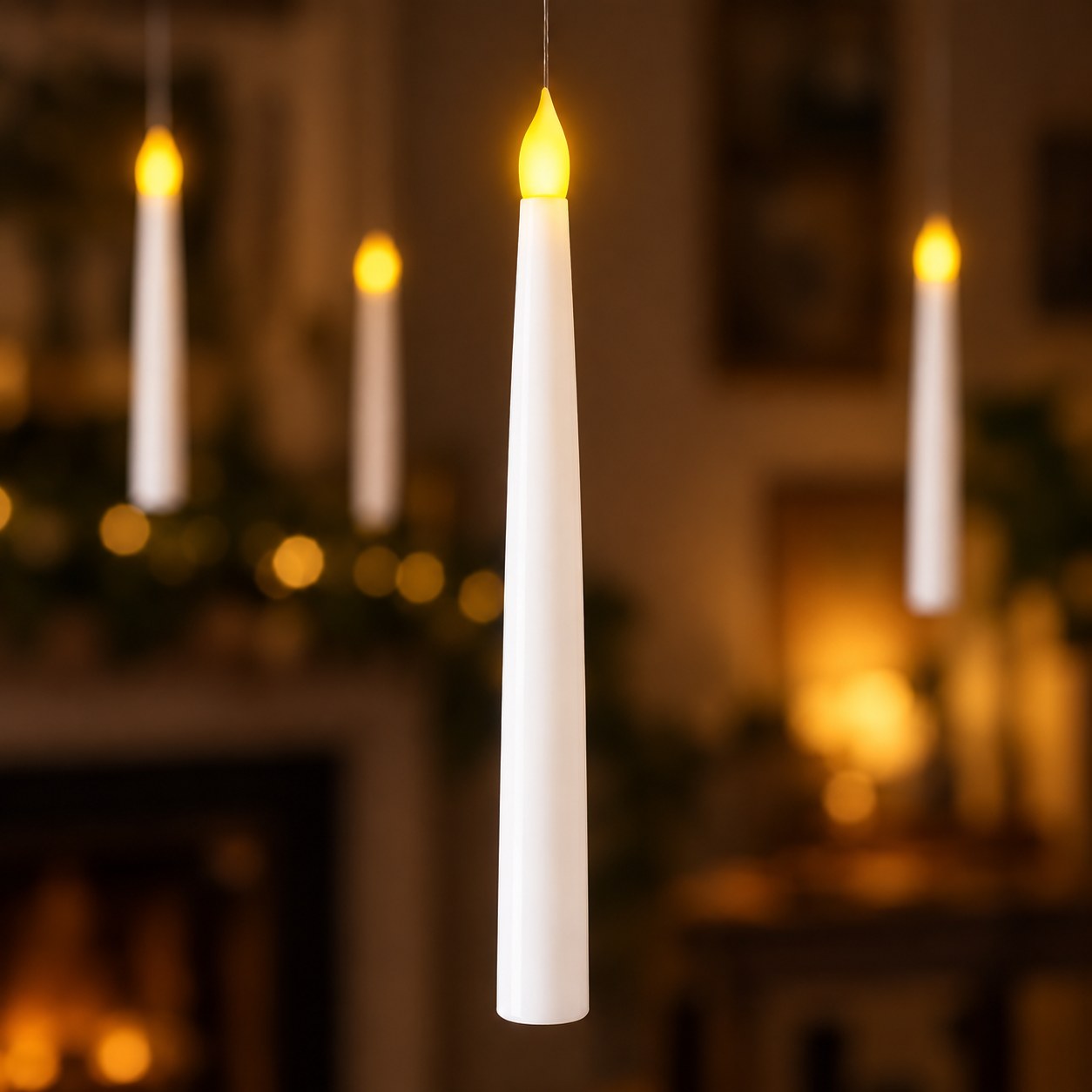 Close-up of one Pomence LED Floating Candle glowing warm yellow on its clear line