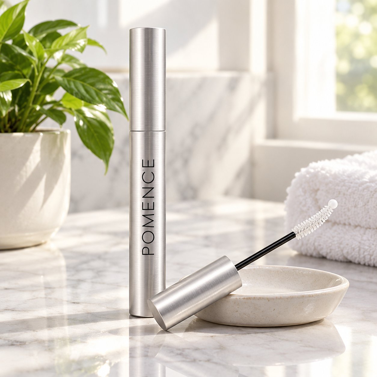 The slim silver Pomence Eyelash Growth Serum tube standing on a bathroom counter