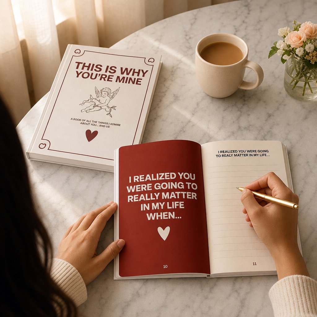 The open Pomence journal on a table with a gold pen and a cup of tea