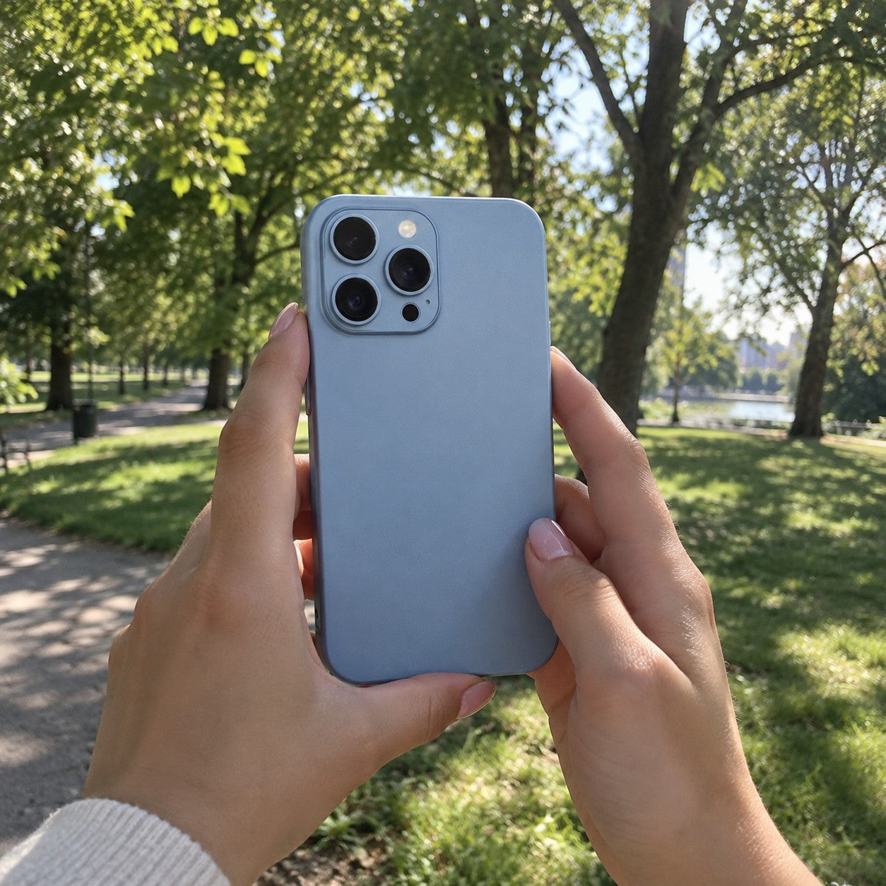 Hands shooting a sunlit park with a Glacier Blue iPhone
