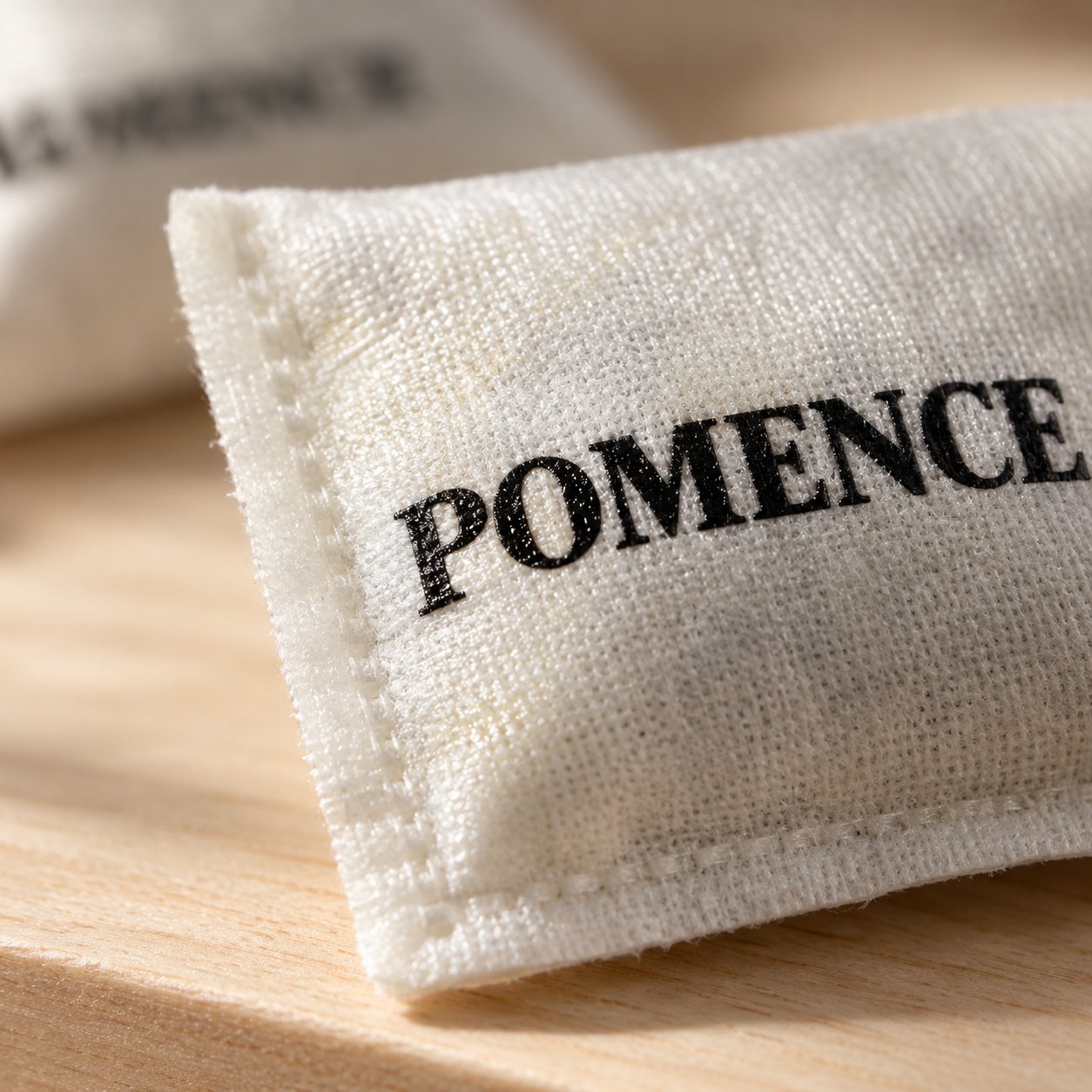 Macro of the stitched edge of a white Pomence sachet pouch