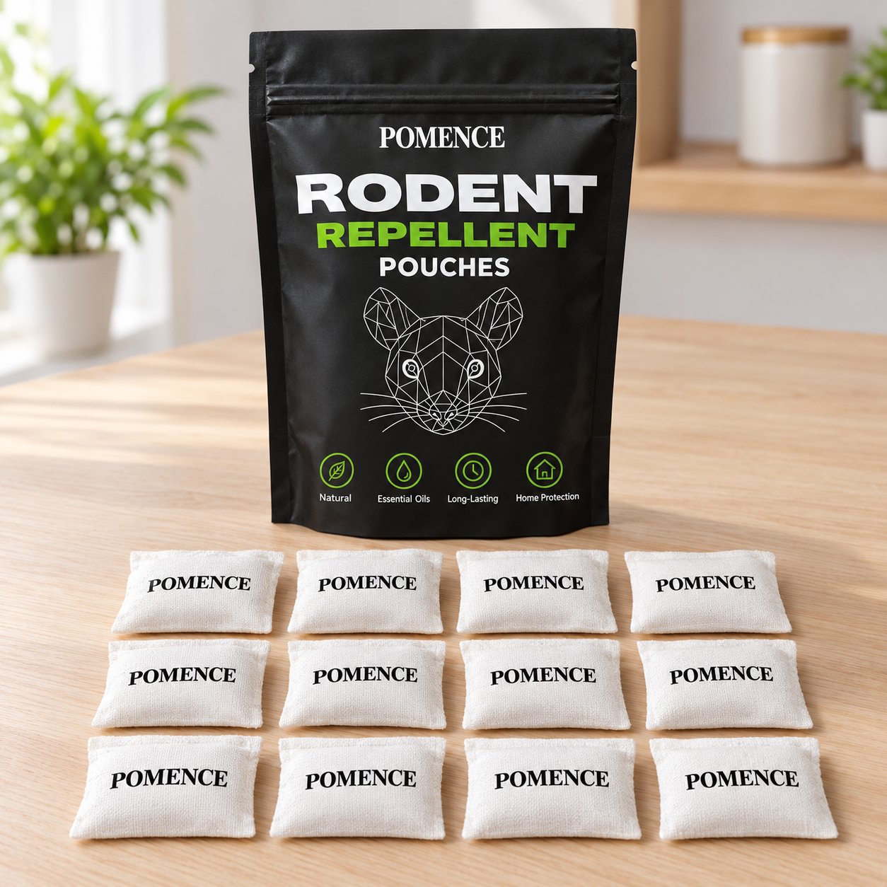 The black Pomence Rodent Repellent Pouches bag with its white sachets laid out in front of it
