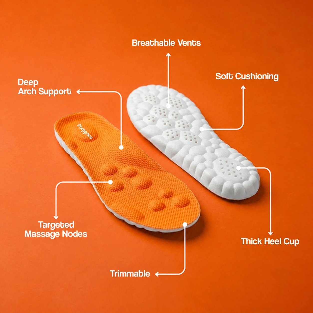The Pomence Massage Insoles with each feature labelled: massage nodes, arch support, vents, cushioning, heel cup and the trim line