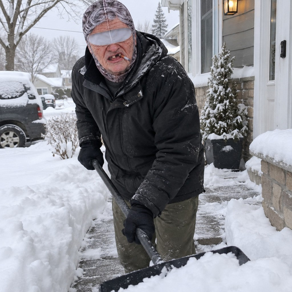 Man shoveling a snowy walk in the Grandma mask