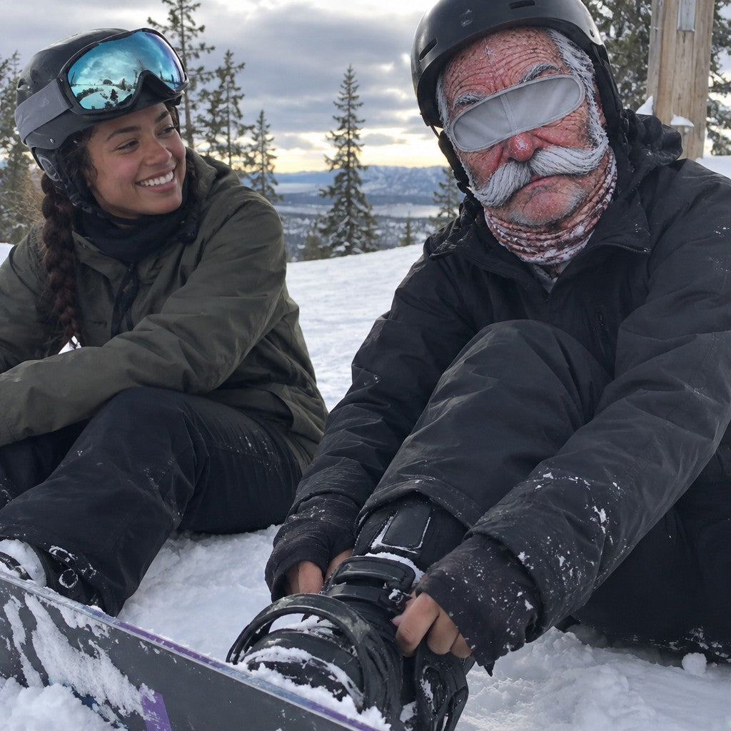 Snowboarder strapping in, goggles over the Grandpa mask