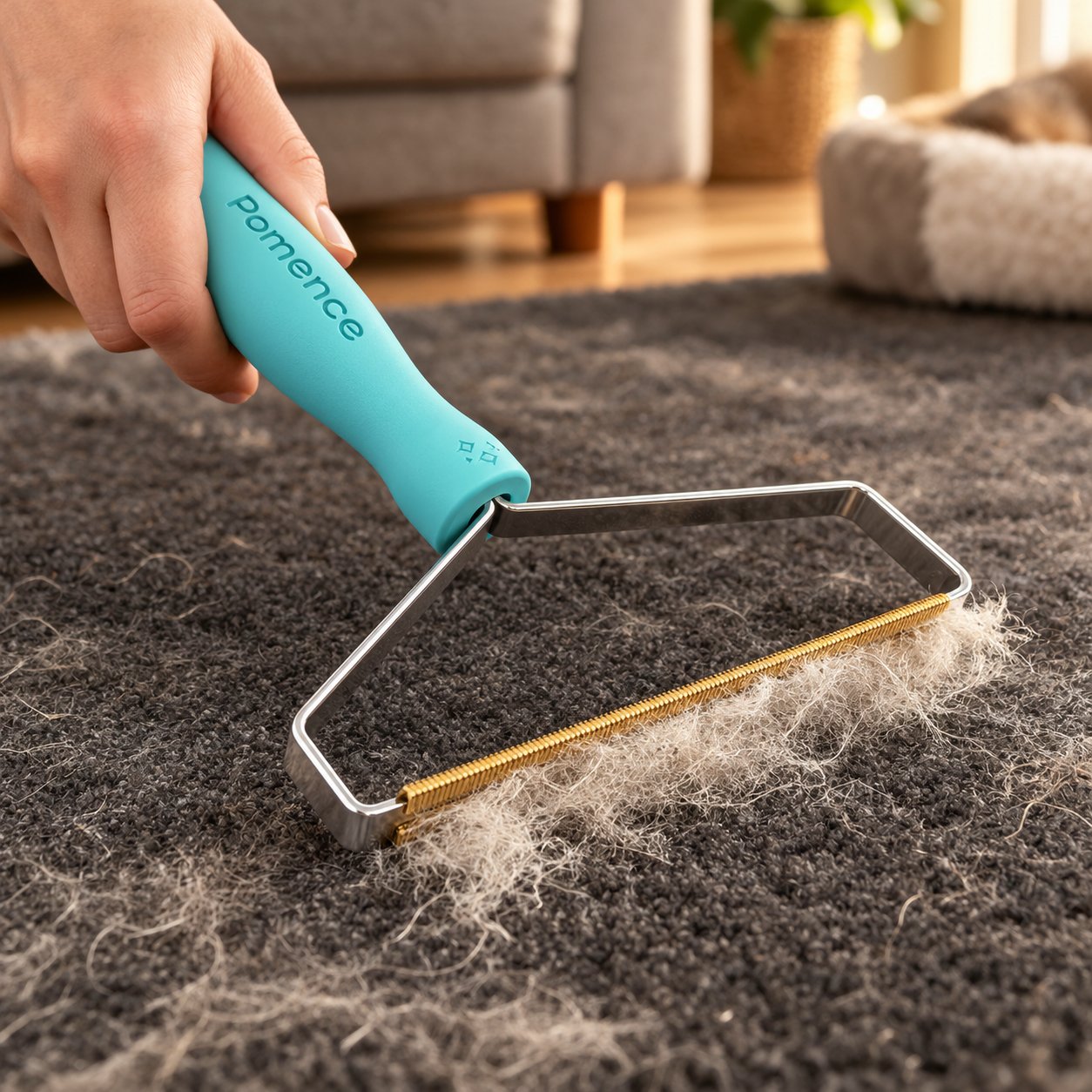 Pet hair remover tool being dragged across a carpet, pulling up a pile of fur