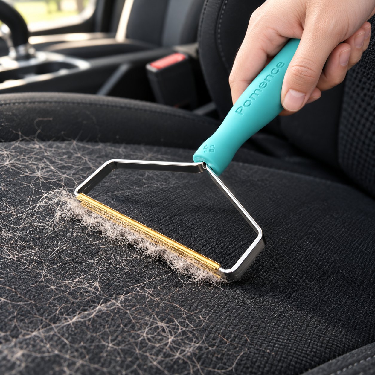 The tool clearing pet hair from a car floor mat