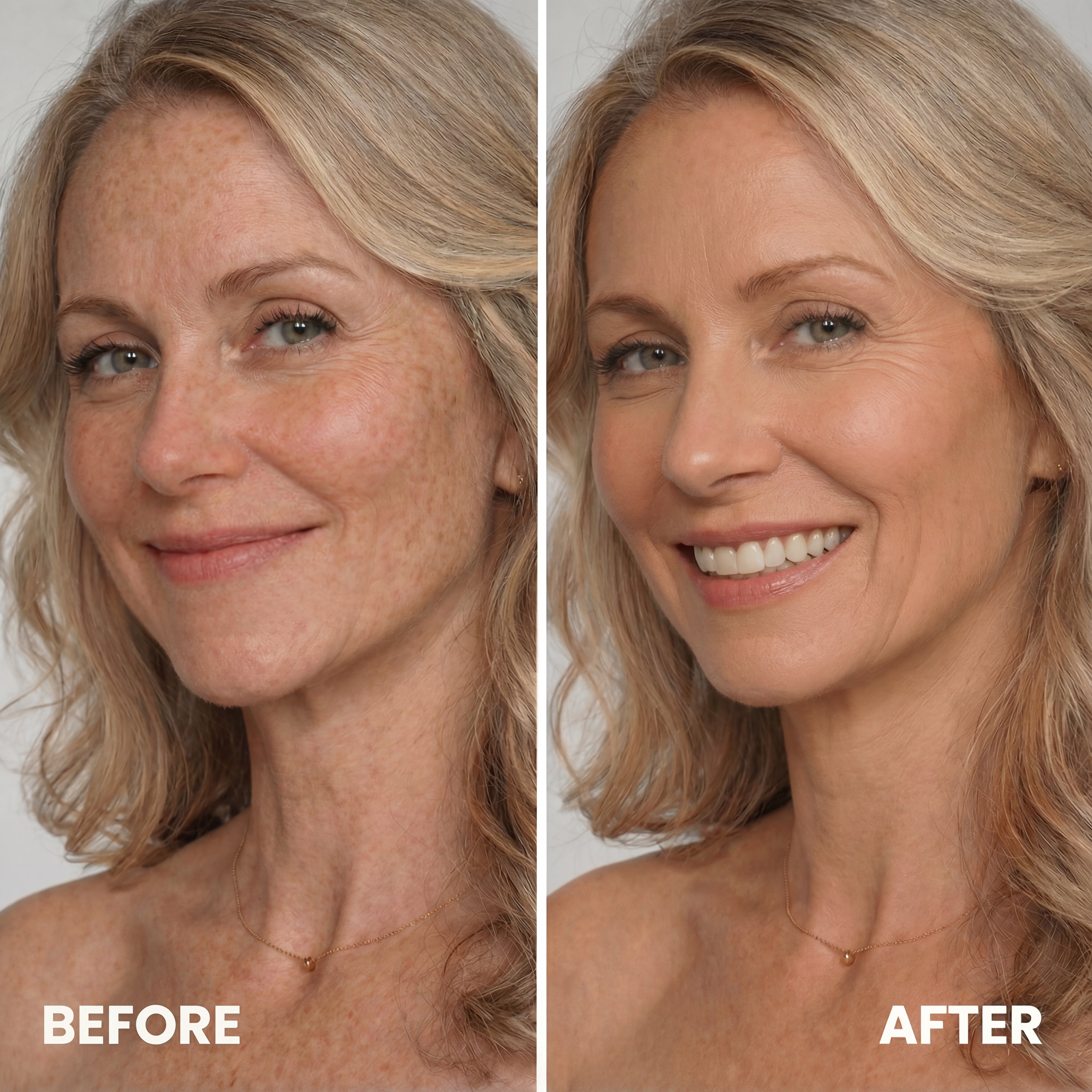 Before and after using a color-adaptive foundation for smoother, more even coverage